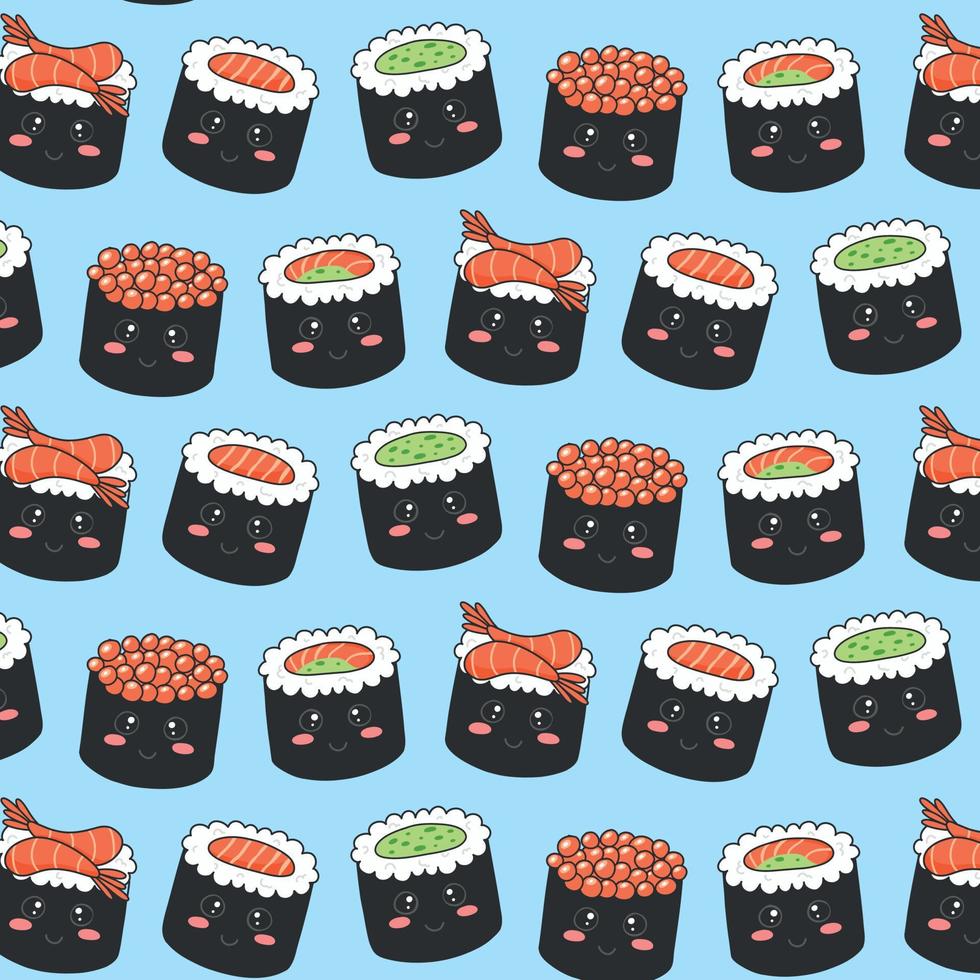 Seamless pattern with sushi in kawaii style. Sushi in kawaii style. Cute cartoon face rolls. Vector illustration.