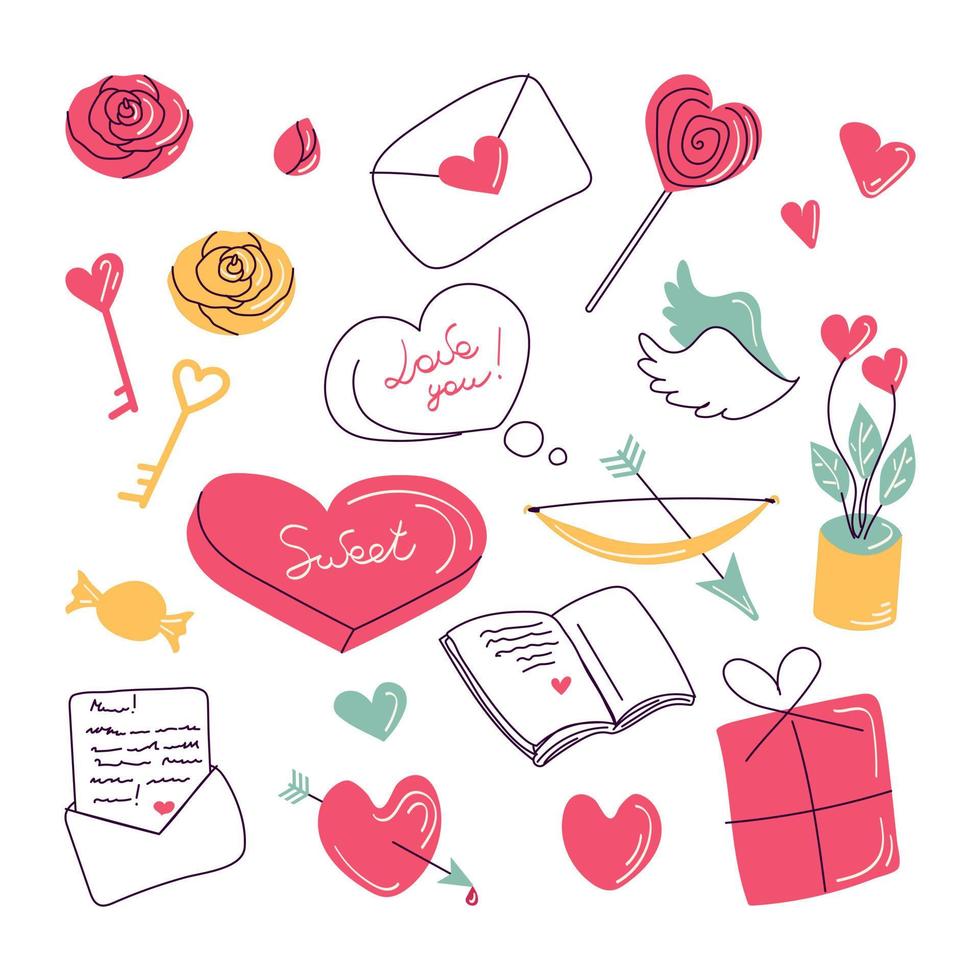 Valentines day doodle elements set vector illustration