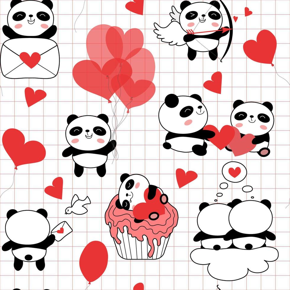 patrón sin costuras con pandas del día de san valentín ilustración vectorial vector