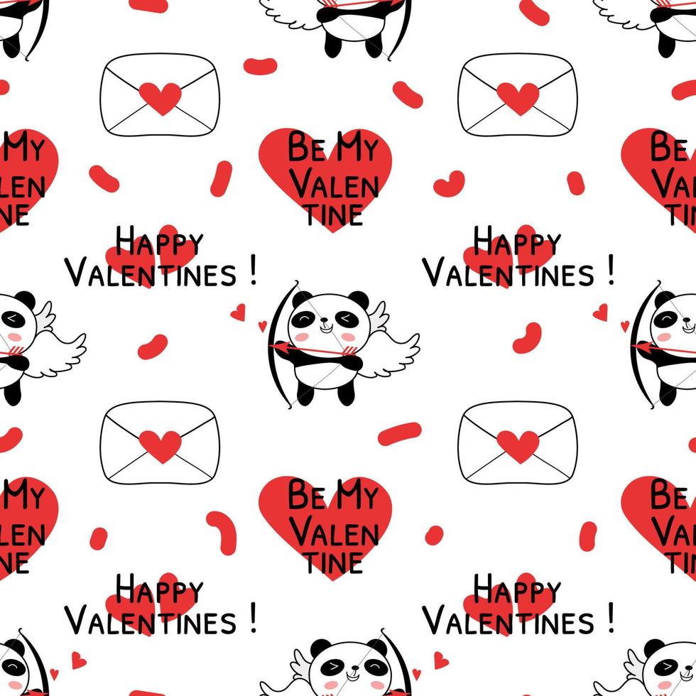 patrón sin fisuras con la ilustración de vector de cupidos de panda de día de san valentín