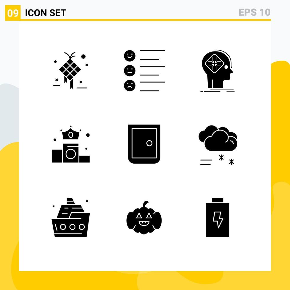 Pack of 9 Modern Solid Glyphs Signs and Symbols for Web Print Media such as position crown emojis business human Editable Vector Design Elements