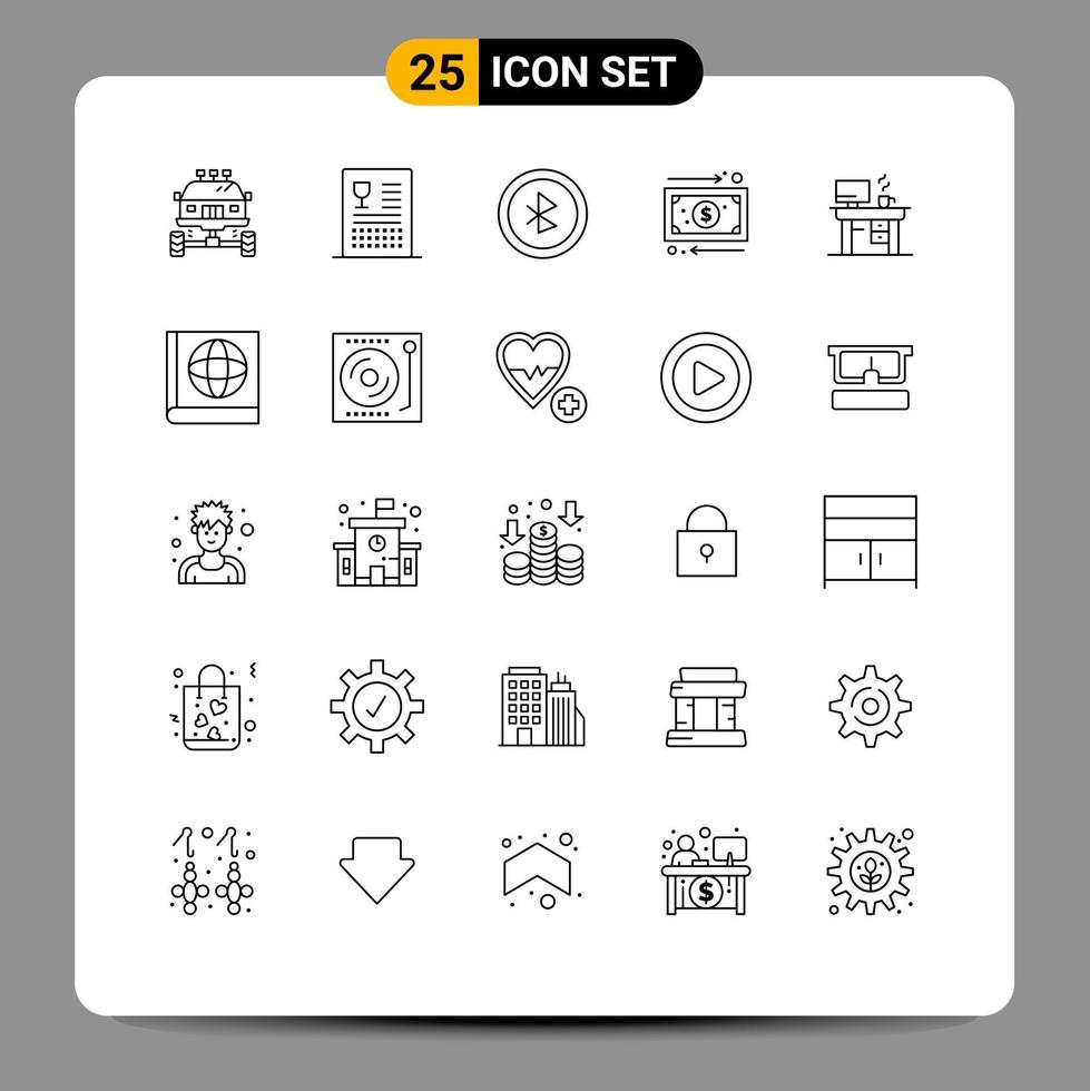 25 Universal Lines Set for Web and Mobile Applications job management food cash user interface Editable Vector Design Elements