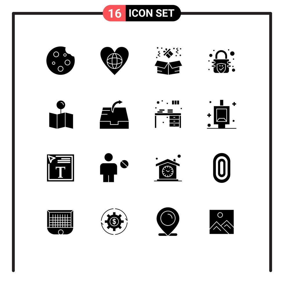 Group of 16 Modern Solid Glyphs Set for map security heart lock gift Editable Vector Design Elements