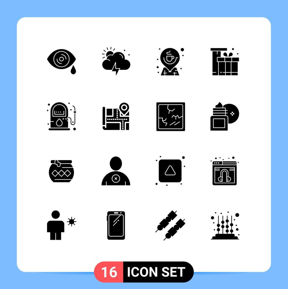Pack of 16 creative Solid Glyphs of gas shopping direction eid box Editable Vector Design Elements