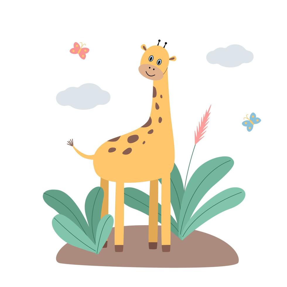 Cute cartoon giraffe character. A giraffe stands on an oasis island with flowers and butterflies. Children s vector illustration.