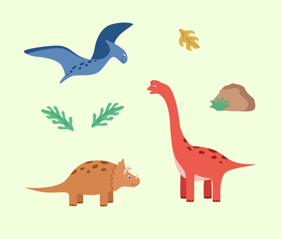 conjunto de dibujos animados de dinosaurios divertidos. ilustración vectorial de lindos personajes de dinosaurios vector