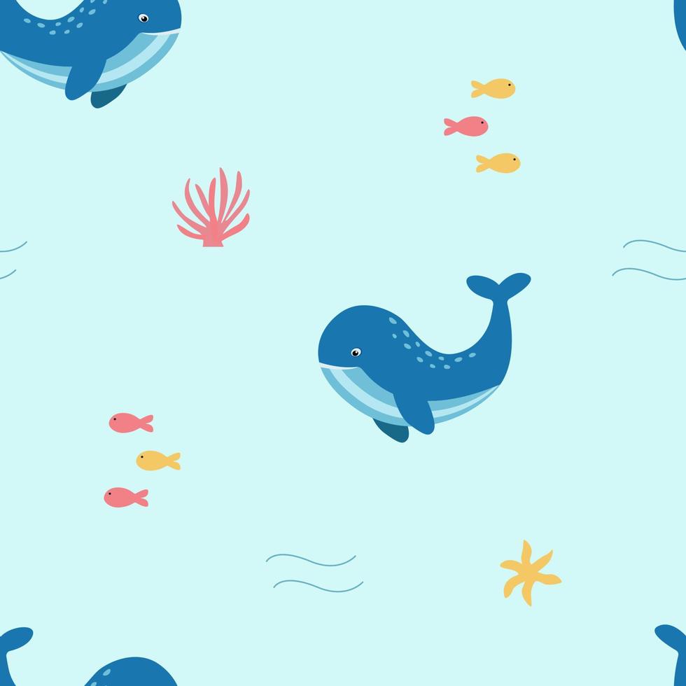 Seamless pattern cartoon cute whale. Endless background for printing on children's clothes or wallpaper. Vector illustration of the underwater world concept