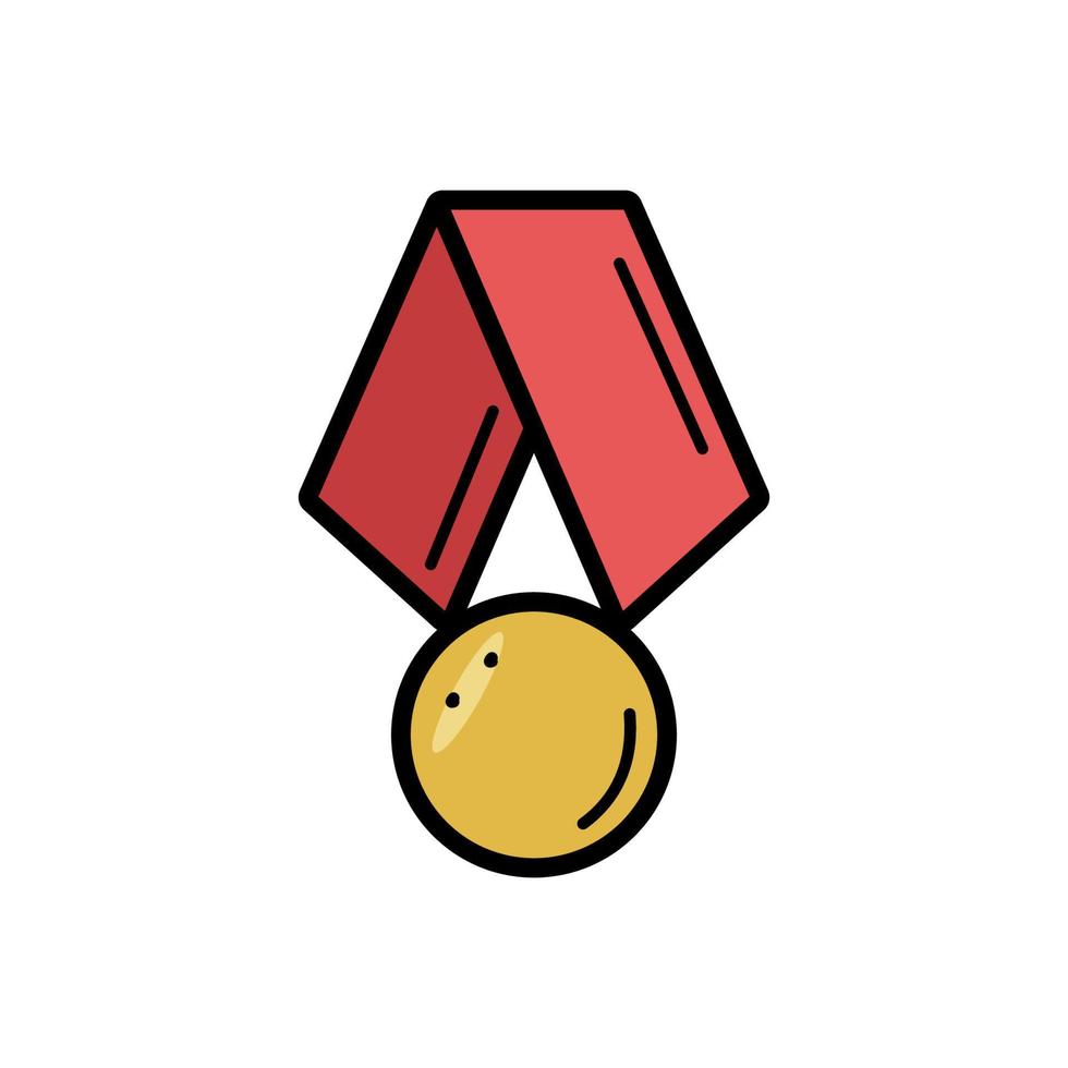 Military or sports award, medal with ribbon doodle vector icon. Isolate on white.
