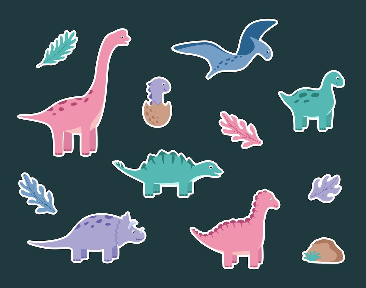 Cartoon set of stickers funny dinosaurs. Vector illustration of cute dinosaur characters.