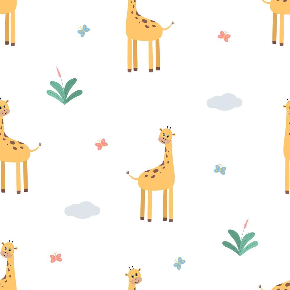 Seamless cartoon cute giraffe pattern. Endless wallpaper background for kids, packaging printing or textiles. vector