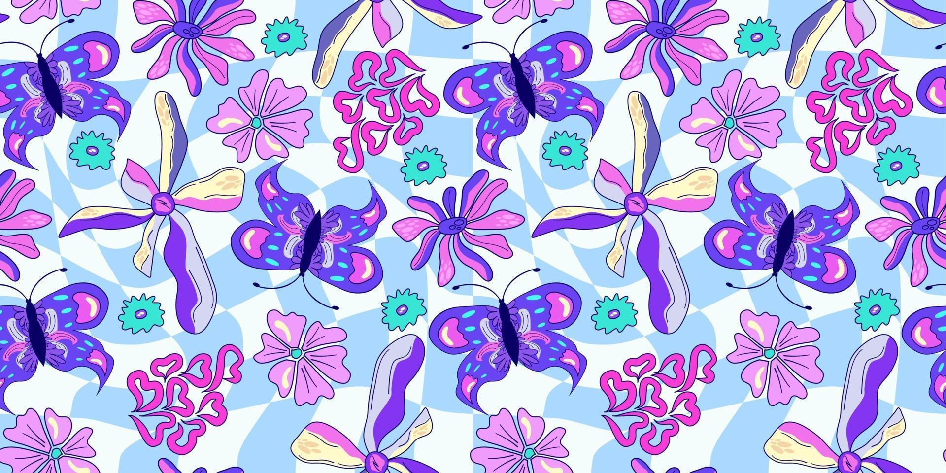 patrón psicodélico trippy de flores y mariposas sin costuras. patrón transparente psicodélico púrpura. estampado mágico de margaritas florales. diseño trippy hippie floral ilustración plana. impresión retro y2k vector