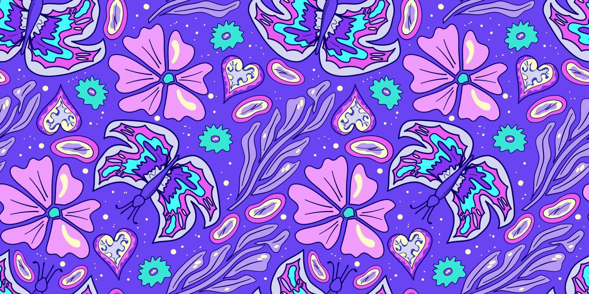 Seamless flower and butterfly trippy psychedelic pattern. Purple psychedelic seamless pattern. Magic floral daisy print. Trippy design hippie floral flat illustration. Retro y2k print vector