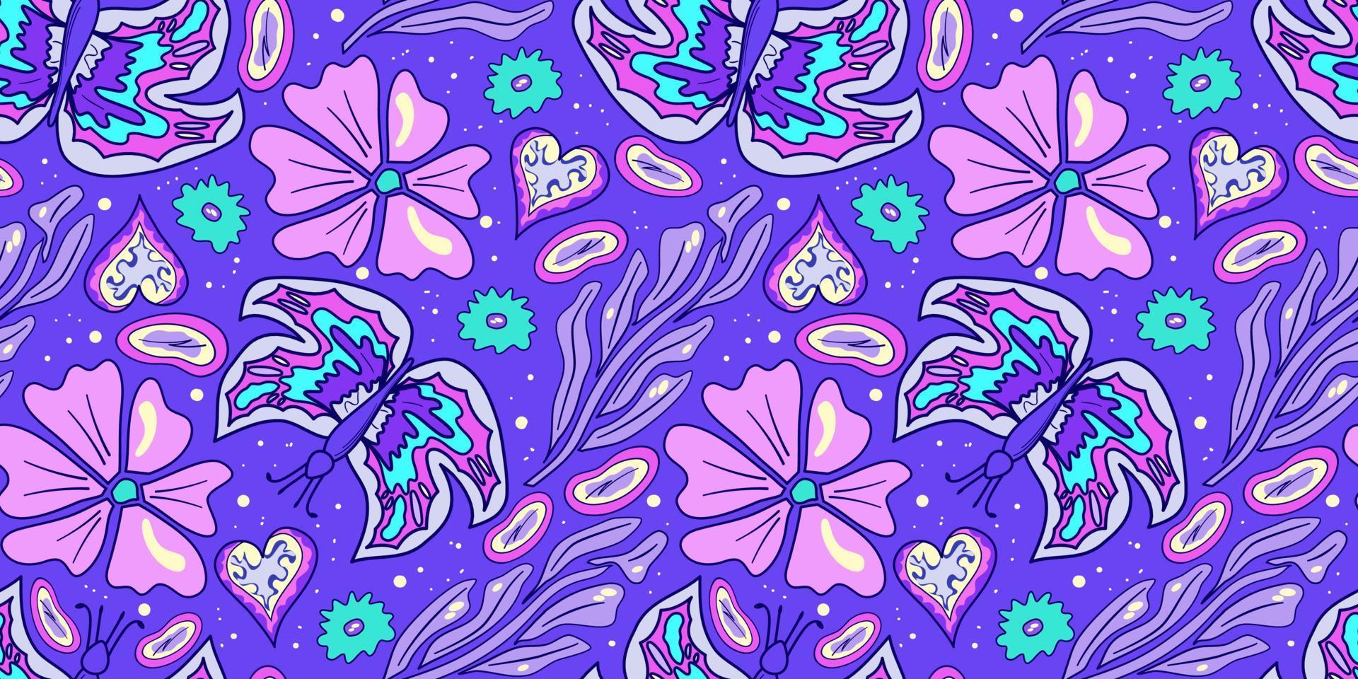 Seamless flower and butterfly trippy psychedelic pattern. Purple psychedelic seamless pattern. Magic floral daisy print. Trippy design hippie floral flat illustration. Retro y2k print vector