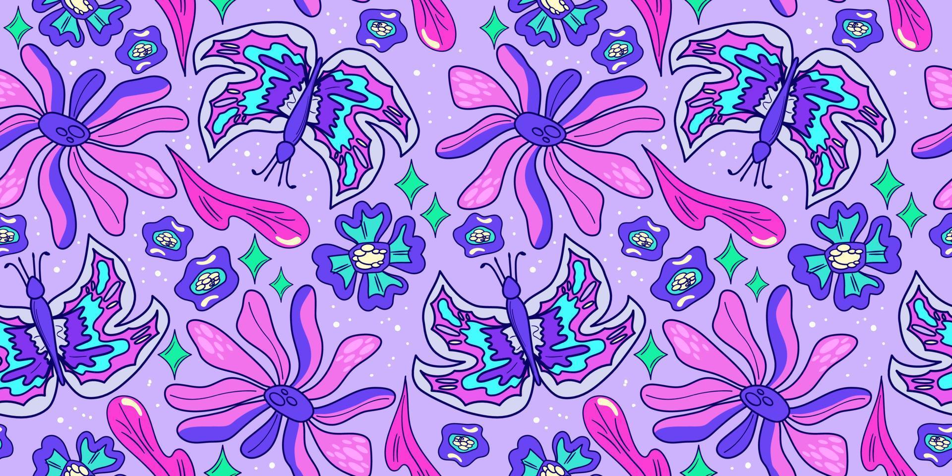 Seamless flower and butterfly trippy psychedelic pattern. Purple psychedelic seamless pattern. Magic floral daisy print. Trippy design hippie floral flat illustration. Retro y2k print vector