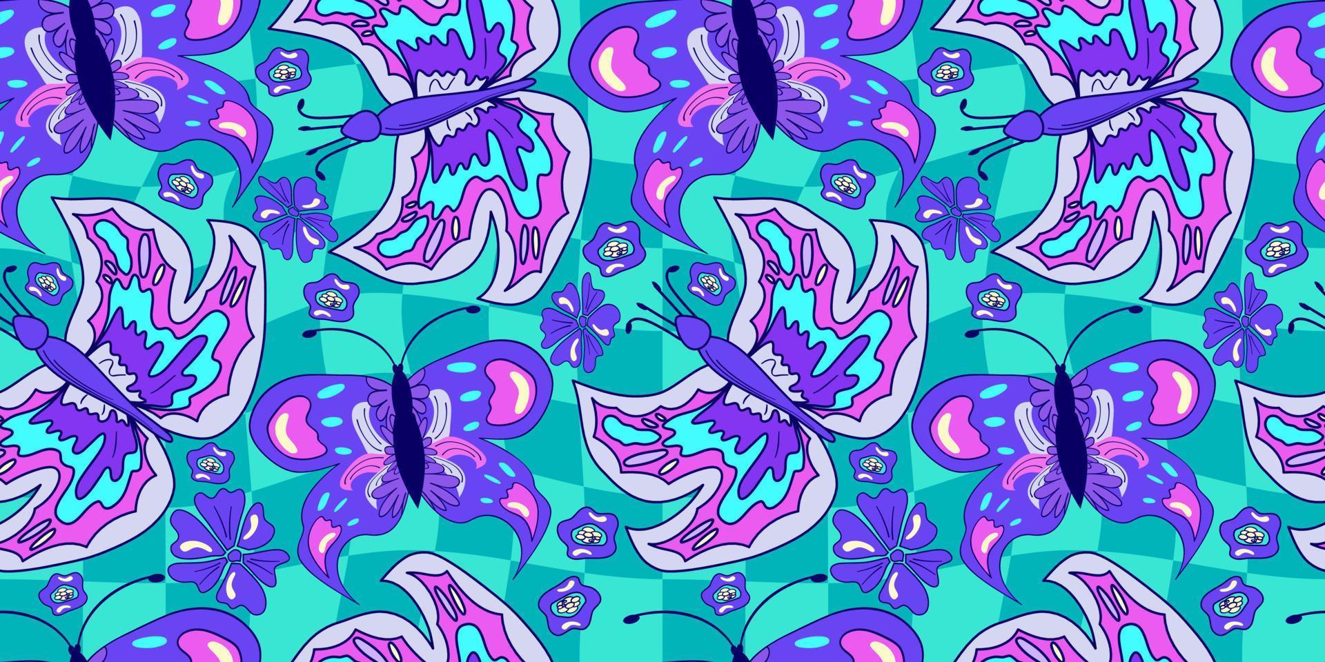 Seamless flower and butterfly trippy psychedelic pattern. Purple psychedelic seamless pattern. Magic floral daisy print. Trippy design hippie floral flat illustration. Retro y2k print vector