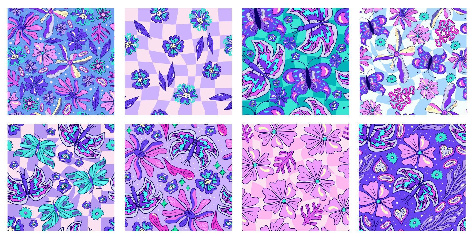 Seamless flower and butterfly trippy psychedelic pattern set. Purple psychedelic seamless pattern. Magic floral daisy print. Trippy design hippie floral flat illustration. Retro y2k print vector