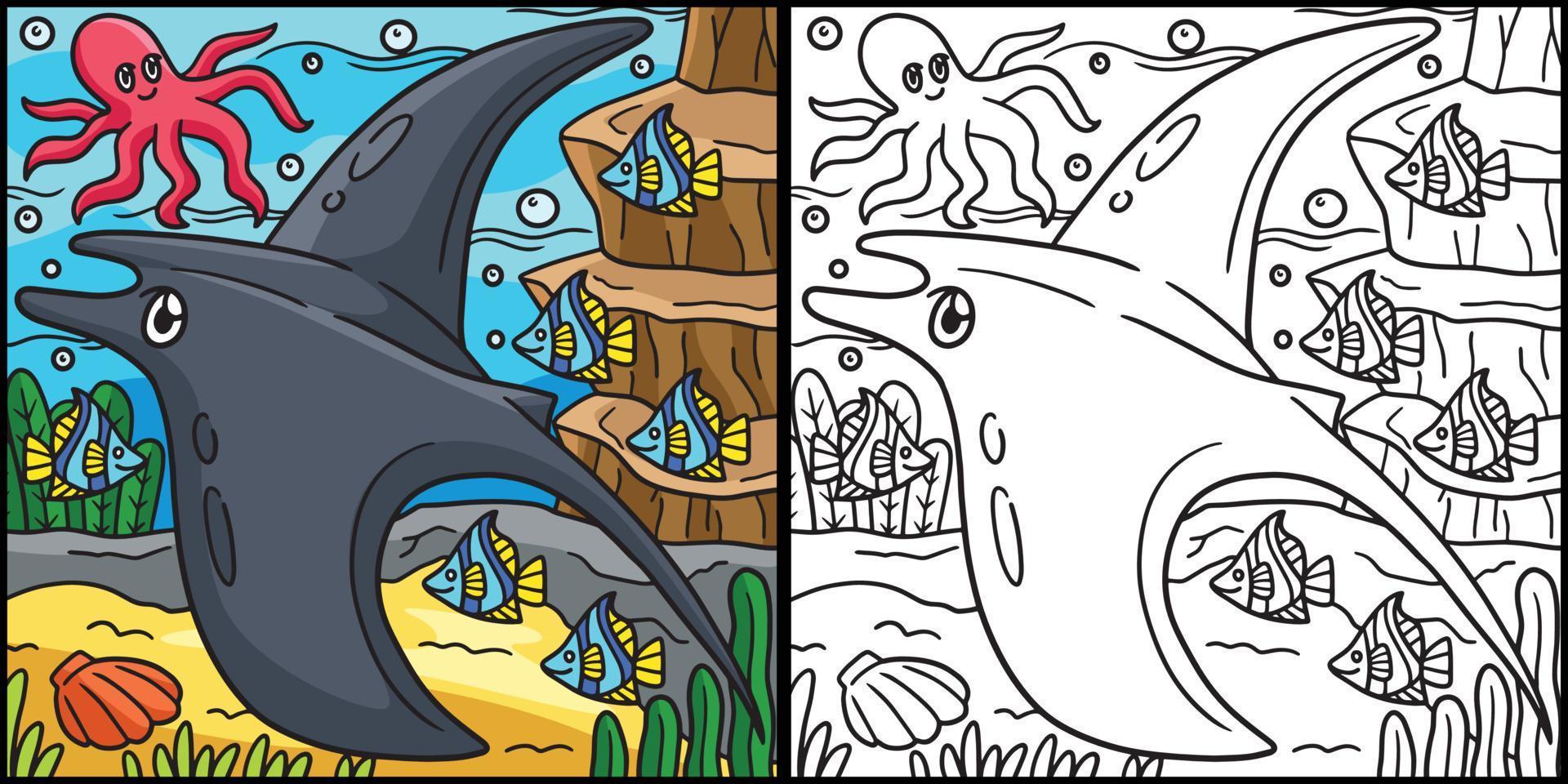 Manta Ray Coloring Page Colored Illustration vector