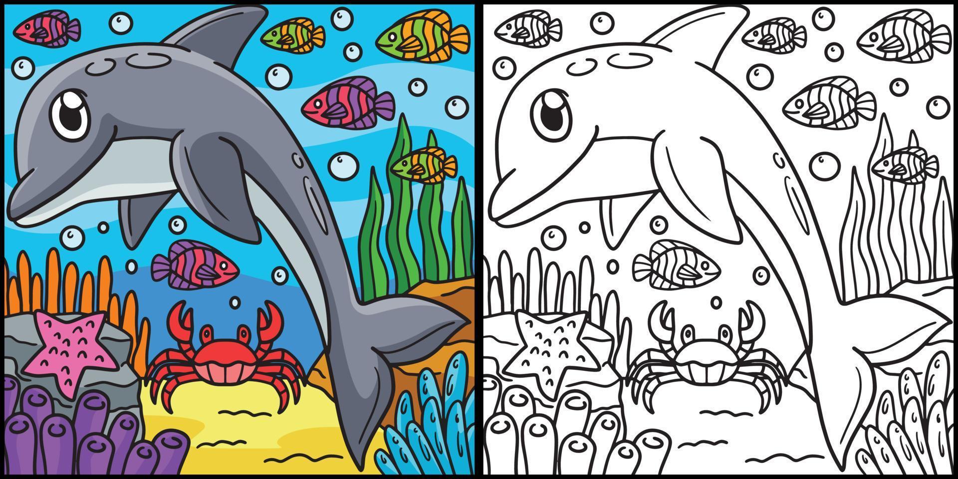 ilustración coloreada de la página para colorear de delfines vector