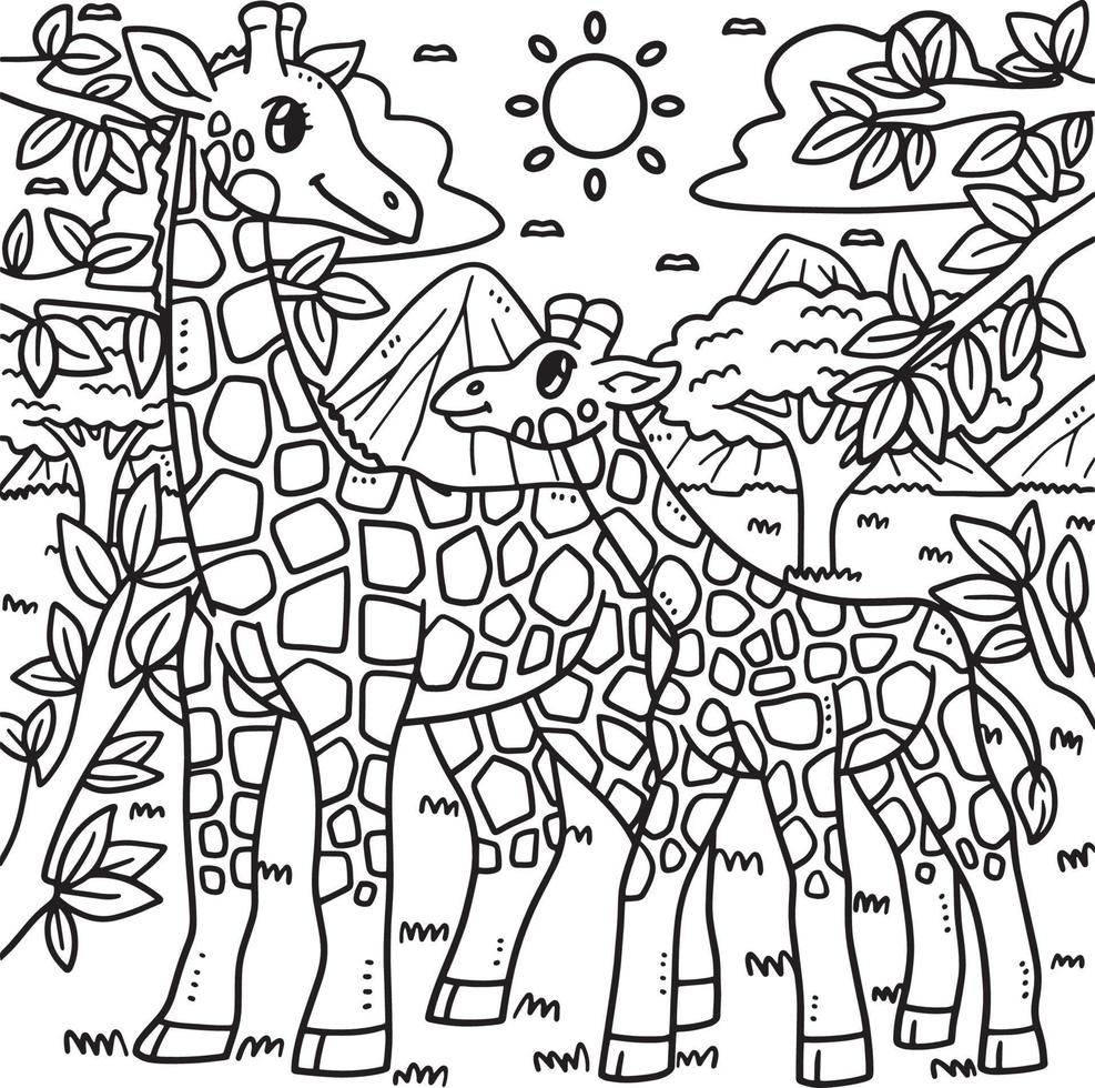 Mother Giraffe and Baby Giraffe Coloring Page vector