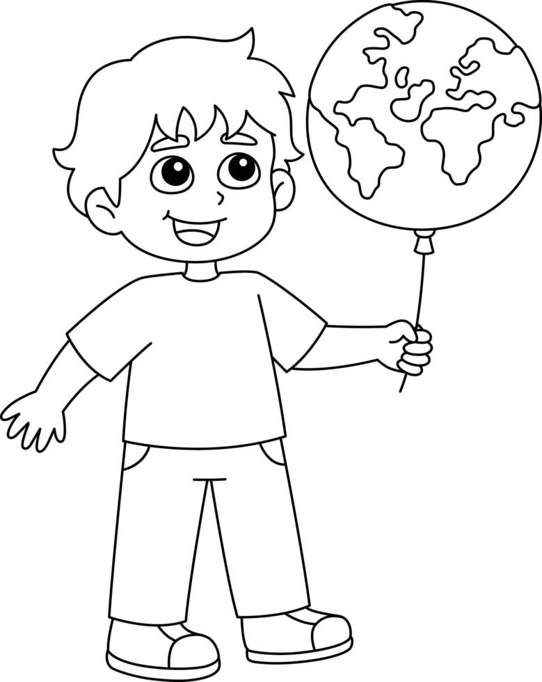 Boy Holding an Earth Balloon Isolated Coloring vector