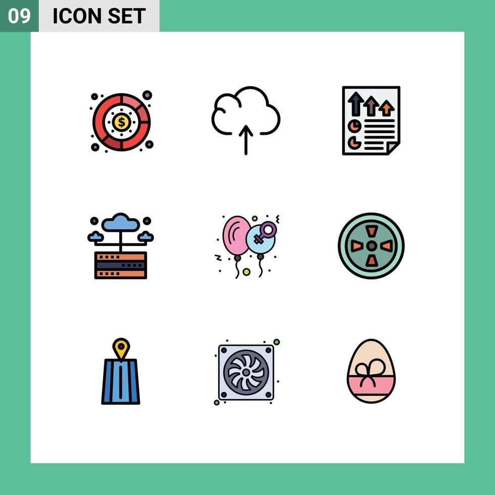 9 colores planos universales de línea de relleno establecidos para aplicaciones web y móviles base de datos de red de datos de servidor de día elementos de diseño vectorial editables vector