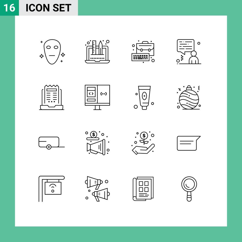 paquete de 16 signos y símbolos de contornos modernos para medios de impresión web, como boletines, bolsas para portátiles, chat de negocios, elementos de diseño de vectores editables
