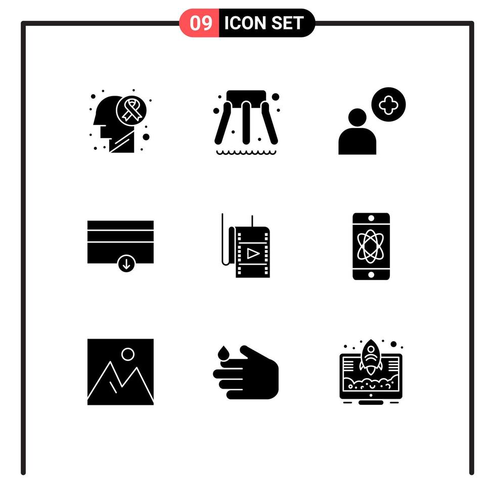 conjunto de pictogramas de 9 glifos sólidos simples de atom studio más elementos de diseño vectorial editables de pago de película vector