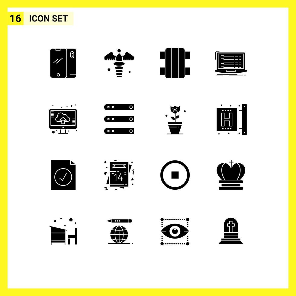 Group of 16 Solid Glyphs Signs and Symbols for laptop coding pharmacy app sport Editable Vector Design Elements