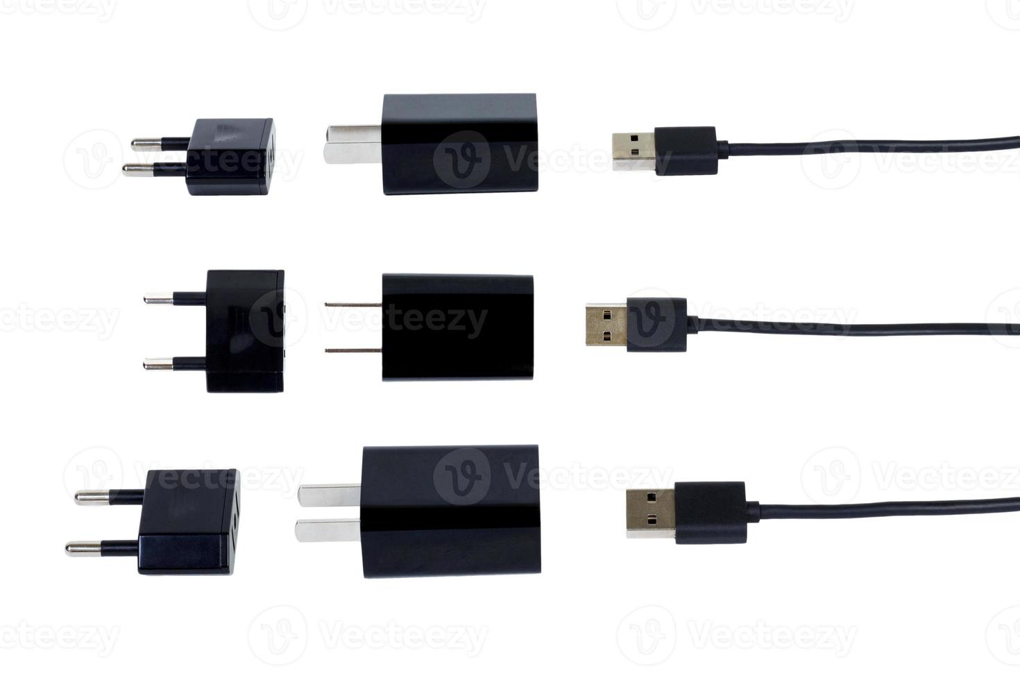 Black battery charger. Mobile phone usb cable port charger isolated on white background. Technology gadget accessory concept photo