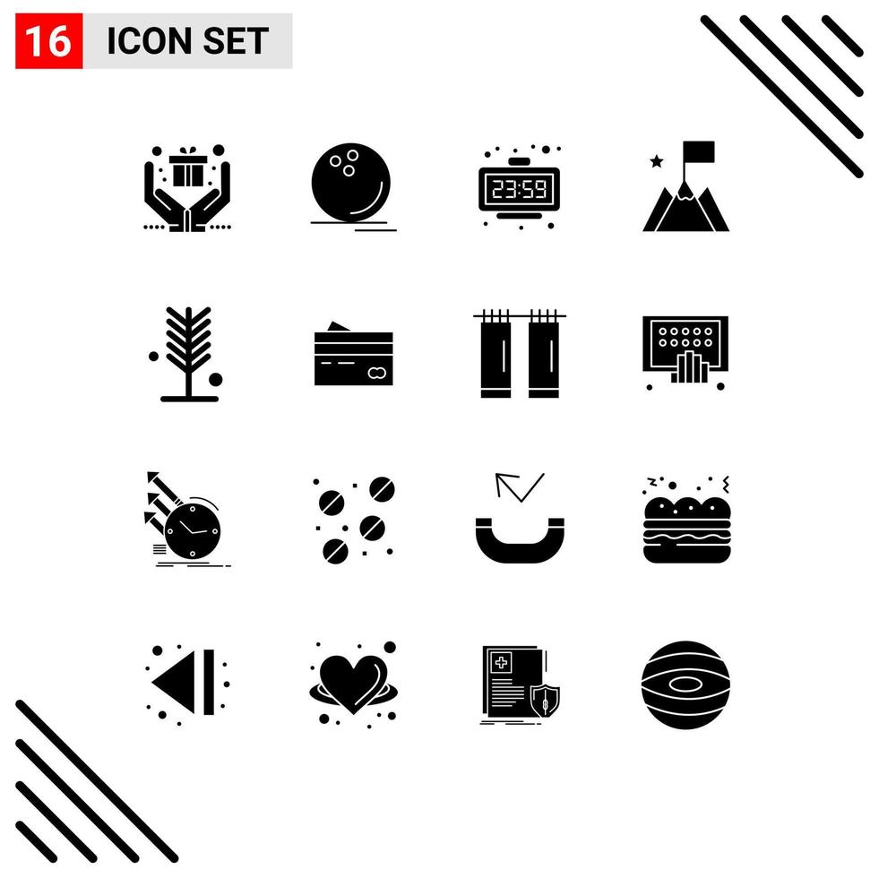 Pack of 16 Modern Solid Glyphs Signs and Symbols for Web Print Media such as eco success clock mission watch Editable Vector Design Elements