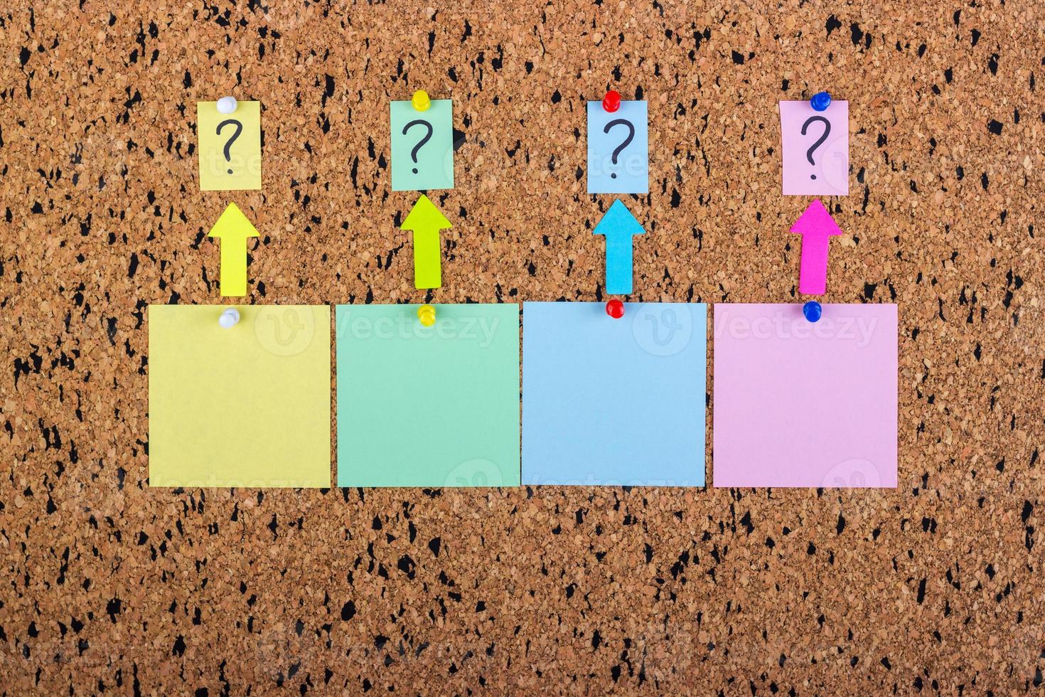 cork desk with a question mark. A sticker with a question mark. Blank sticker. photo