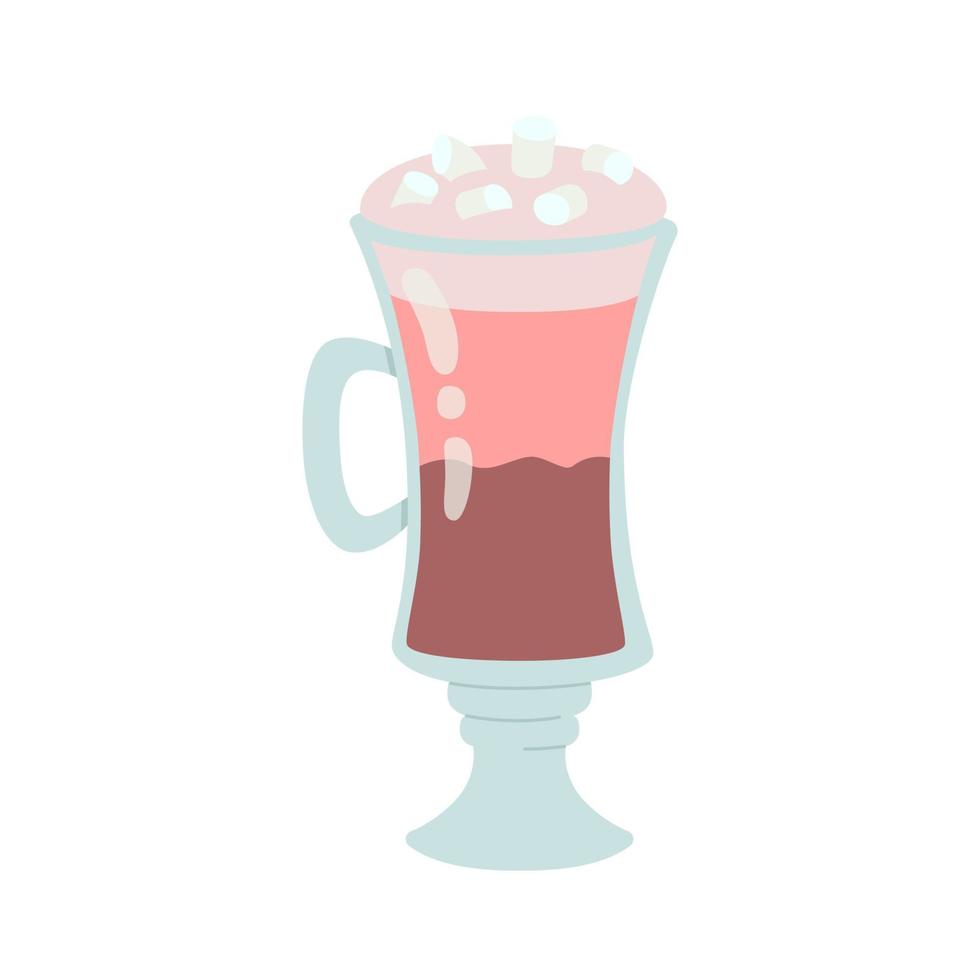 A glass of hot chocolate with foam and marshmallows, in a modern, fashionable style. Hand-drawn vector illustration for seasonal design.