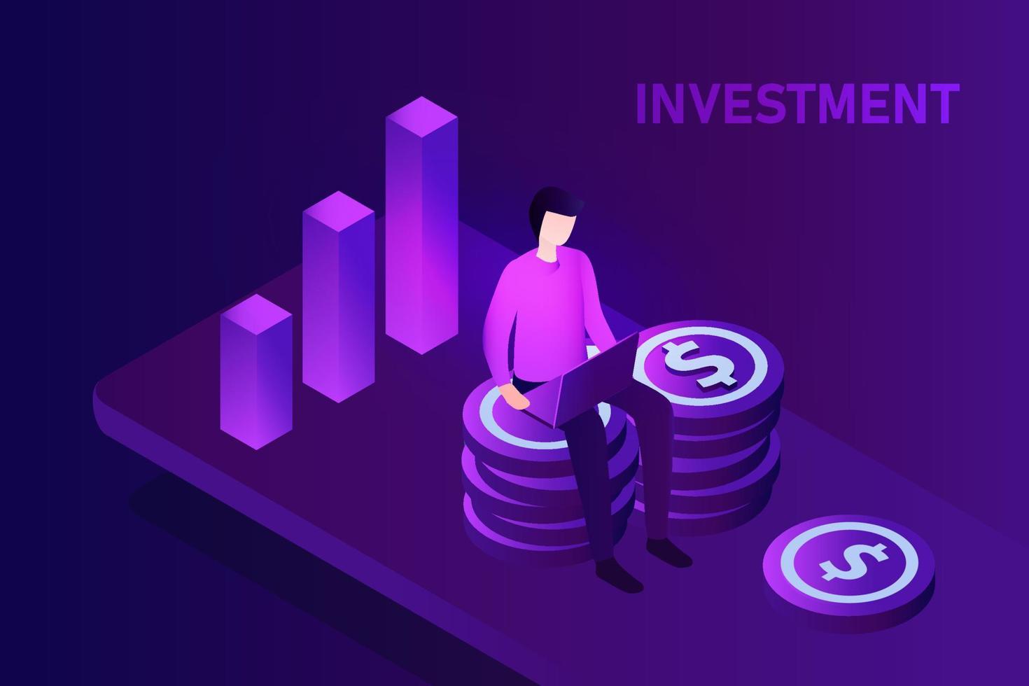 Businessman working on money stack with growth graph on investment vector illustration. Profit in return on investment on portfolio.