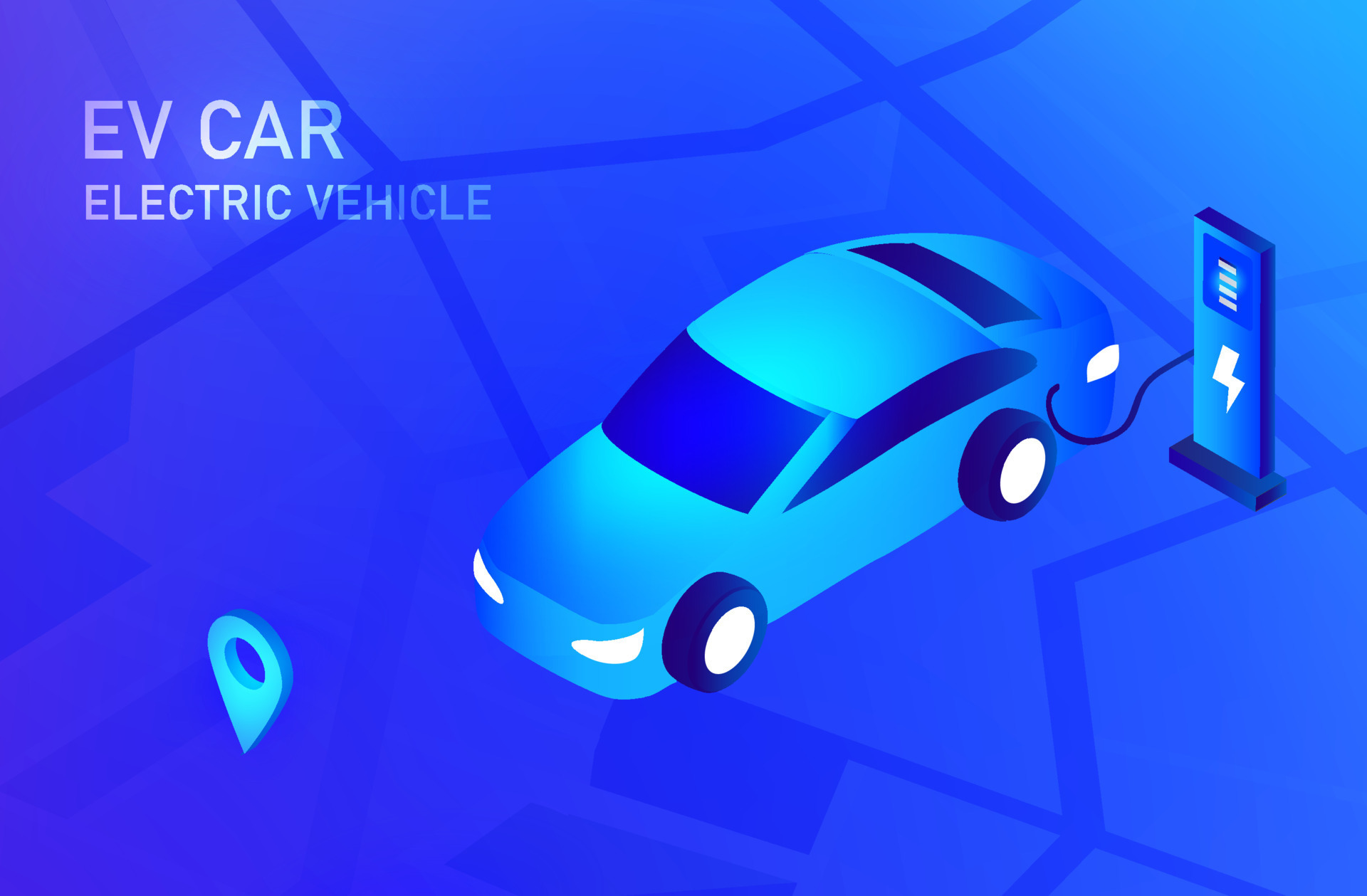 Electric car, EV car, charging battery at electric charging station
