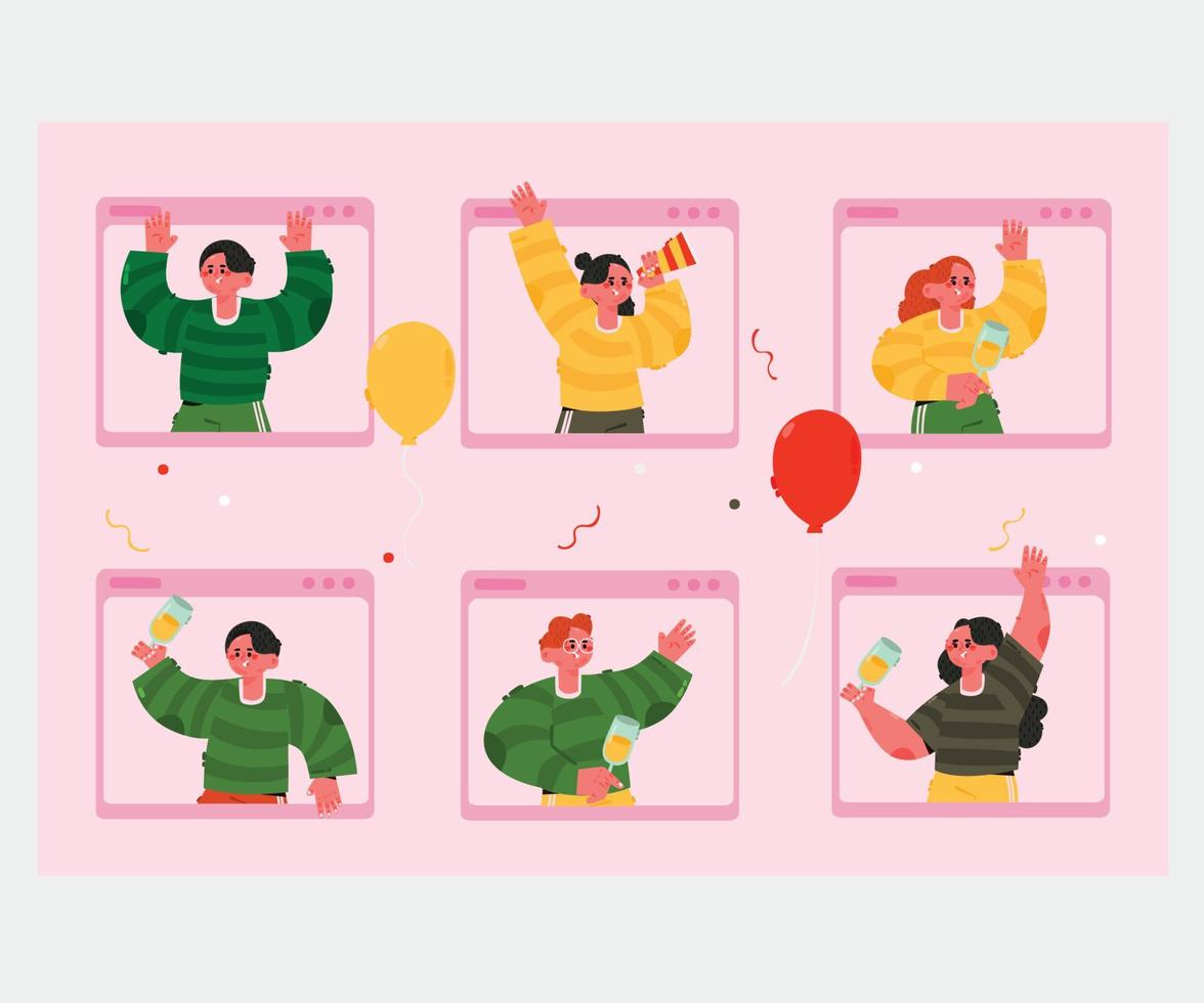 ilustración de celebración de personas de video de fiesta en línea vector