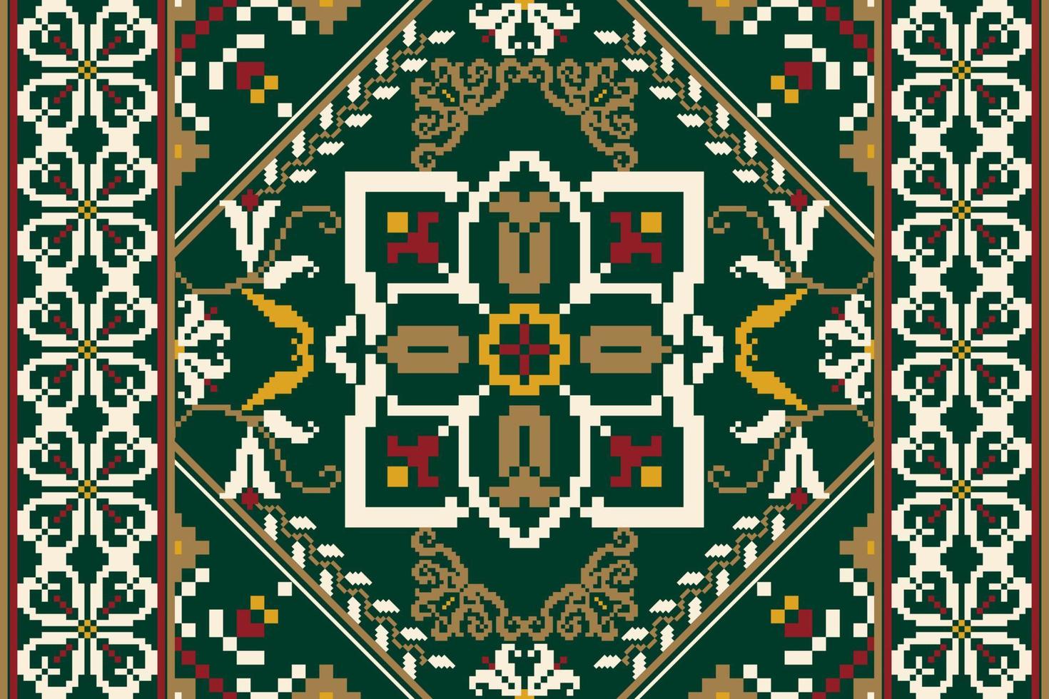 Floral Cross Stitch Embroidery on green background.geometric ethnic oriental pattern traditional.Aztec style abstract vector illustration.design for texture,fabric,clothing,wrapping,decoration,scarf.