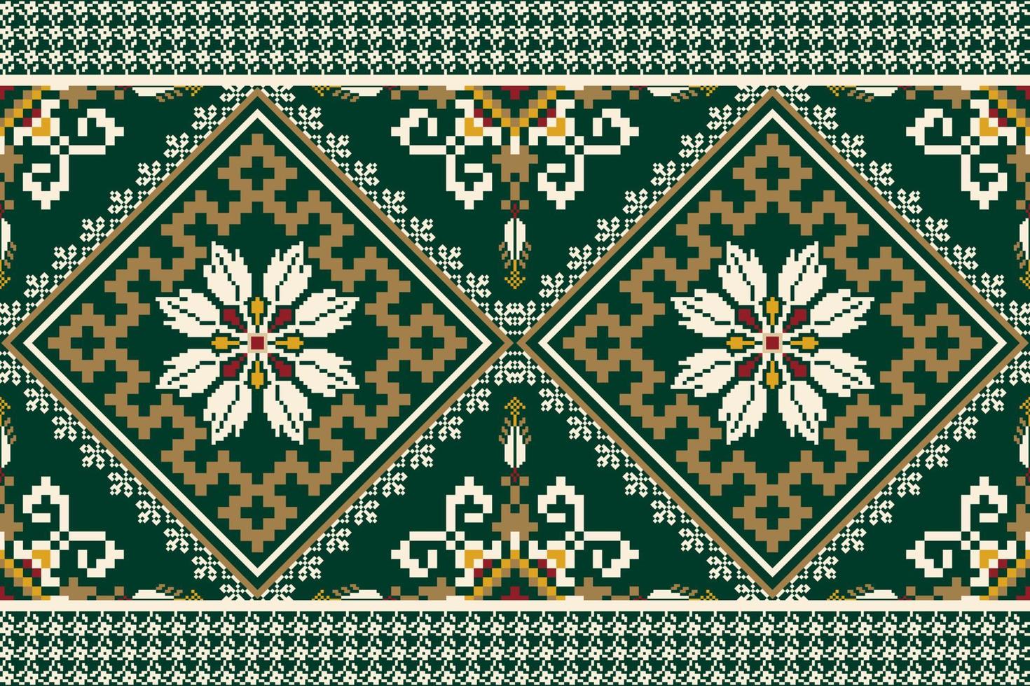 Floral Cross Stitch Embroidery on green background.geometric ethnic oriental pattern traditional.Aztec style abstract vector illustration.design for texture,fabric,clothing,wrapping,decoration,scarf.