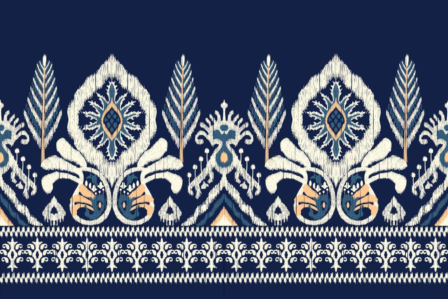 Ikat floral paisley embroidery on navy blue background.geometric ethnic oriental pattern traditional.Aztec style abstract vector illustration.design for texture,fabric,clothing,wrapping,scarf,sarong.