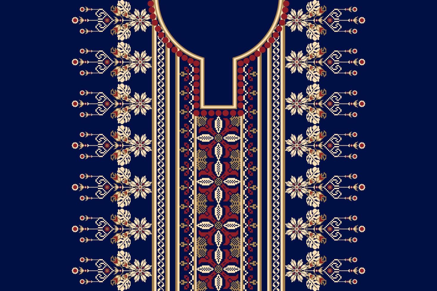 hermoso bordado de escote floral sobre fondo azul marino.patrón oriental étnico geométrico tradicional.ilustración vectorial abstracta de estilo azteca.diseño para textura,tela,mujeres de moda vistiendo. vector