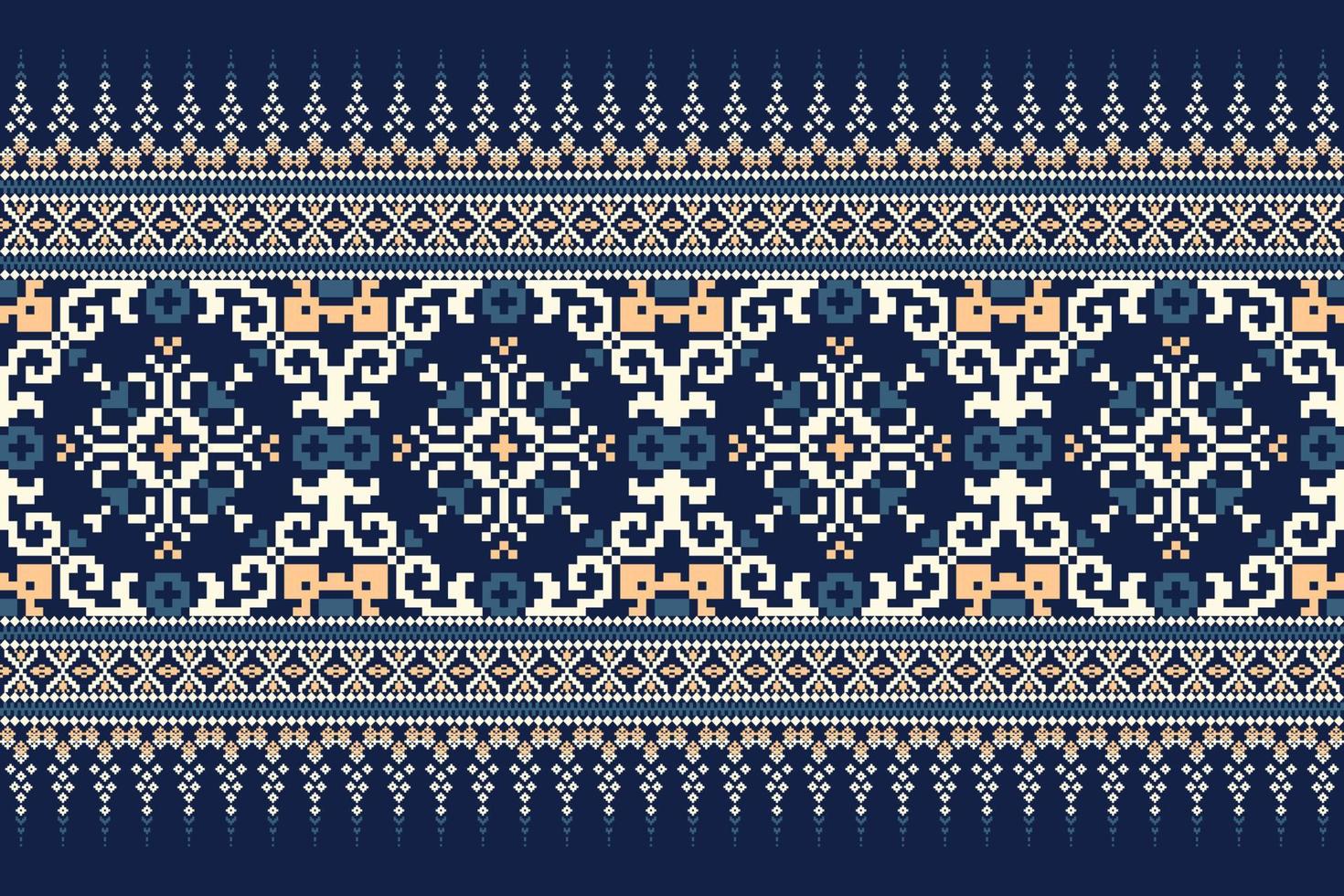 Floral Cross Stitch Embroidery on navy blue background.geometric ethnic oriental pattern traditional.Aztec style abstract vector illustration.design for texture,fabric,clothing,wrapping, decoration.