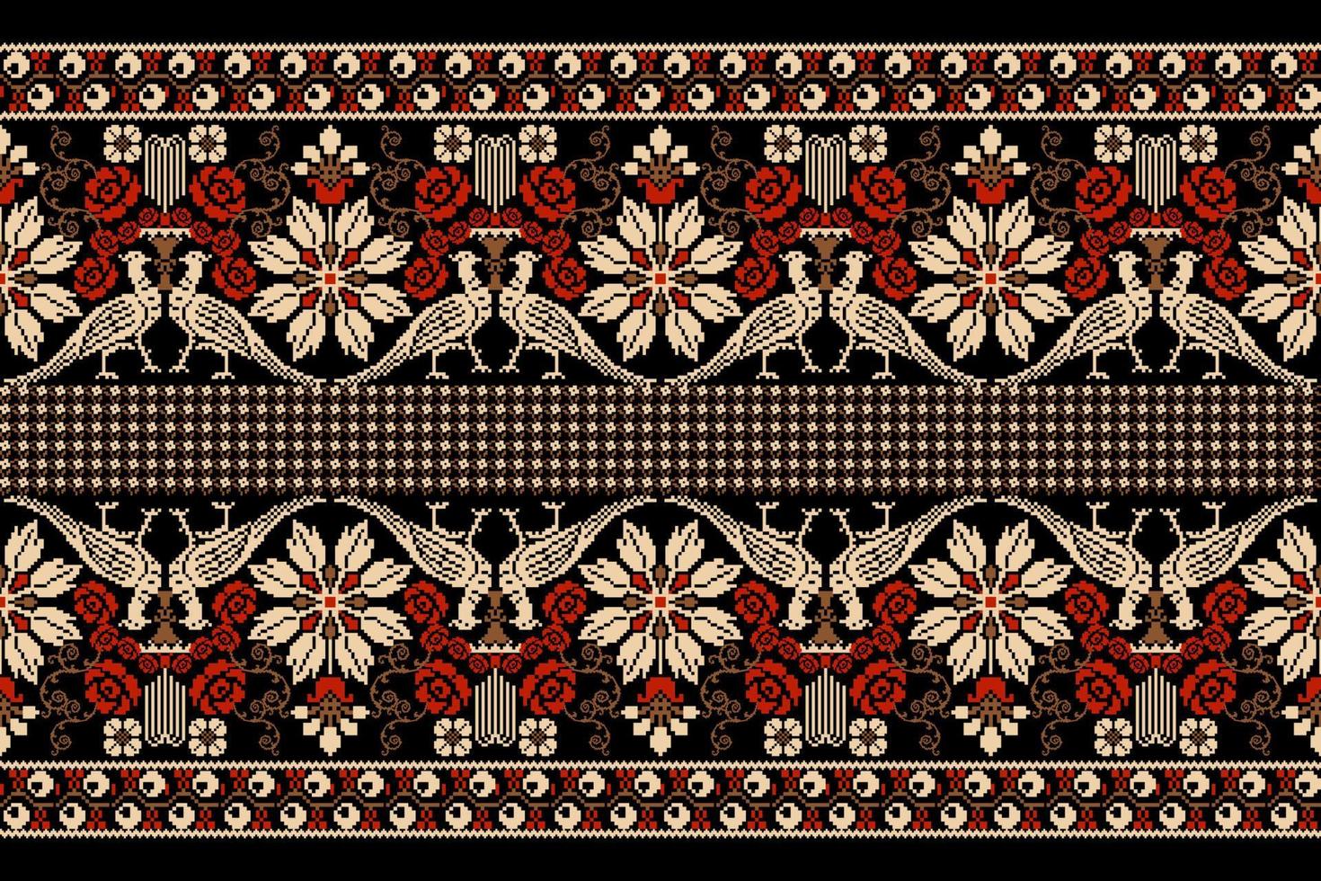 floral pixel art embroidery on black background.geometric ethnic oriental pattern traditional.Aztec style abstract vector.design for texture,fabric,clothing,wrapping,decoration,carpet decoration,print vector