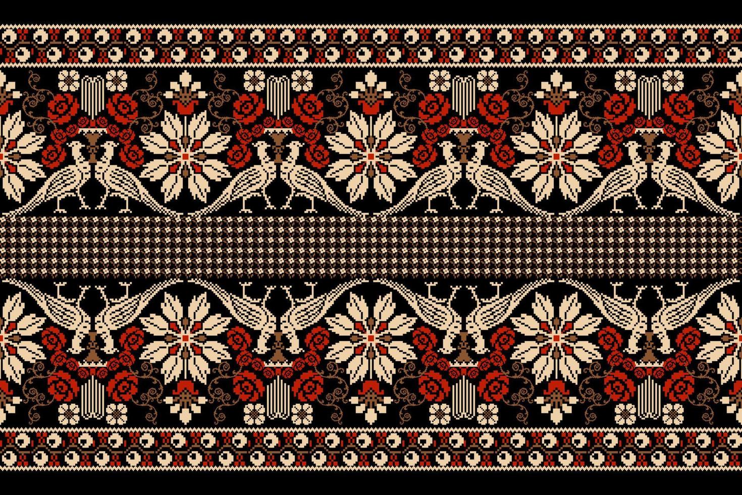 bordado de arte de píxeles florales sobre fondo negro.patrón oriental étnico geométrico tradicional.vector abstracto de estilo azteca.diseño para textura,tela,ropa,envoltura,decoración,decoración de alfombras,impresión vector