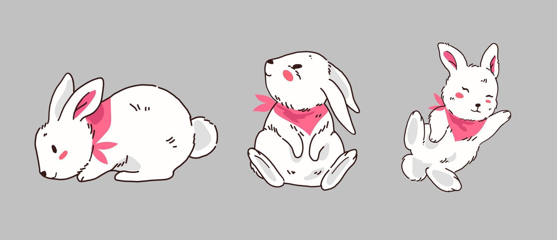 Set of cute white rabbit bunny animal. Happy New Year 2023 year of the rabbit vector. Collection of white rabbit with pink scarf cartoon vector