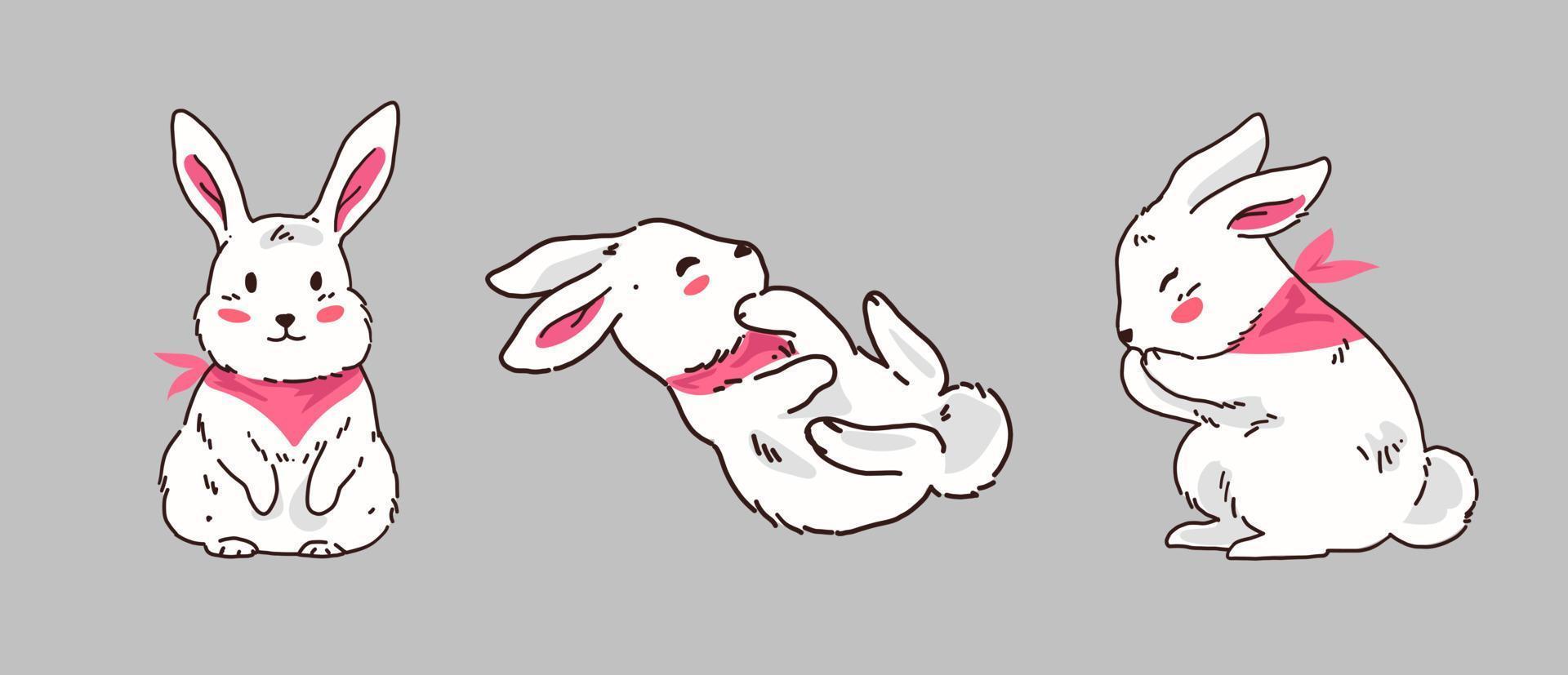 Set of cute white rabbit bunny animal. Happy New Year 2023 year of the rabbit vector. Collection of white rabbit with pink scarf cartoon vector
