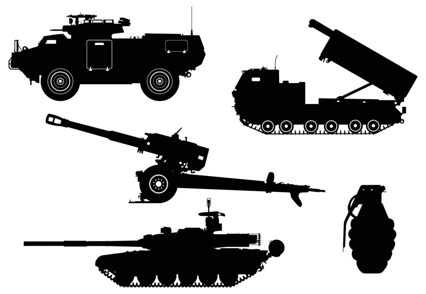 conjunto de armas militares pesadas, fuerzas terrestres del ejército de artillería, tanque, obús, proyector de cohetes, vehículo blindado, siluetas de granadas vector