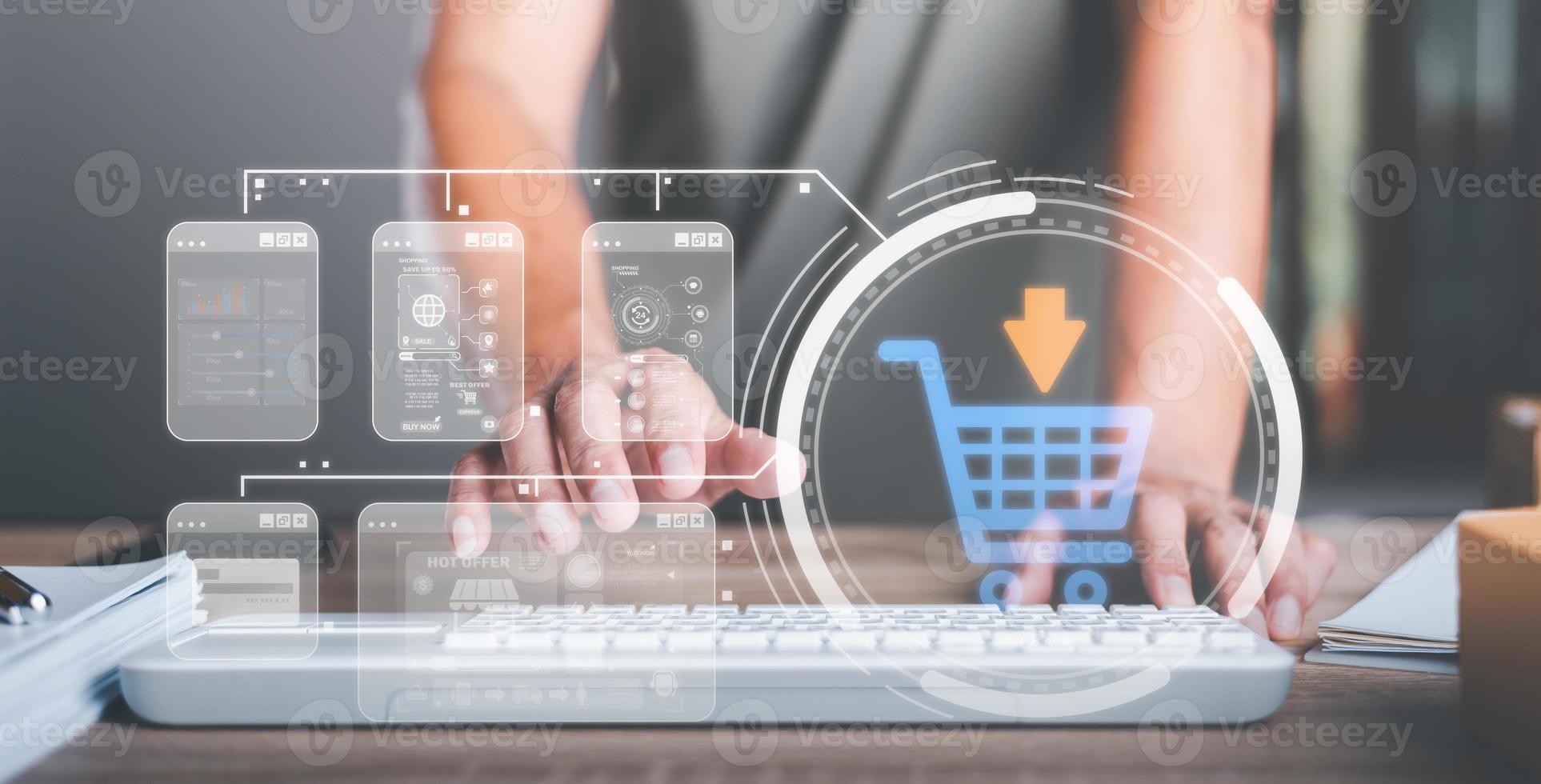 Analysis of online merchandising business reports, with charts and market statistics, shopping carts and promotional items, ecommerce concept and online selling website photo