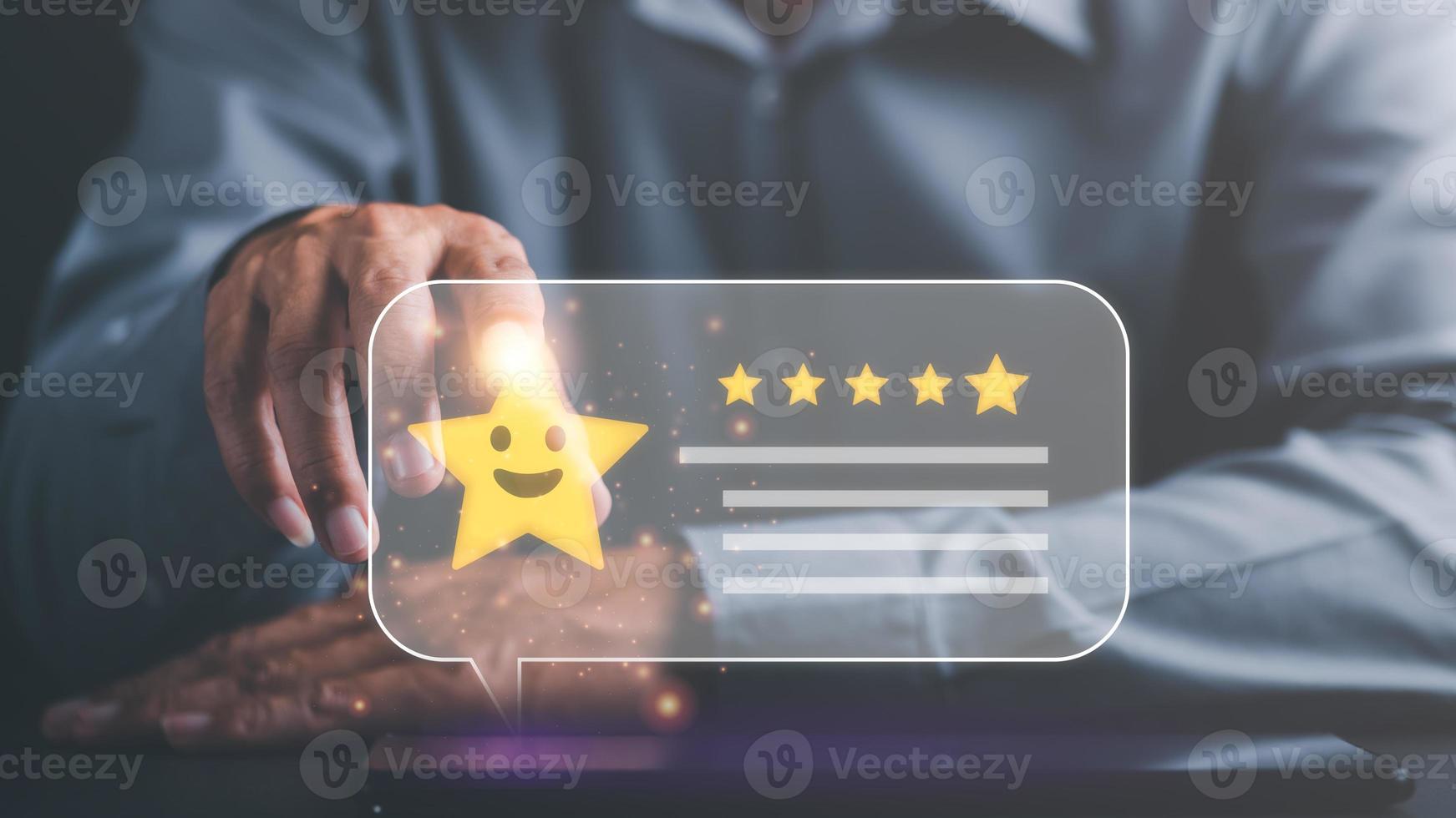 customer service and satisfaction concept,service satisfaction,very impressive rating,Evaluation and Audit,Businessman showing 5 stars icon representing the highest quality in goods and services. photo