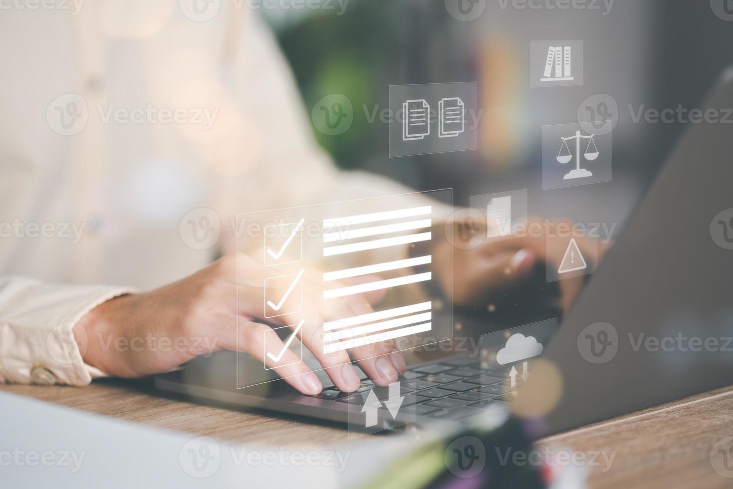 Businessman checking the steps through a virtual online document with a list of checkboxes Concepts of practices and policies, company articles of association Terms and Conditions photo