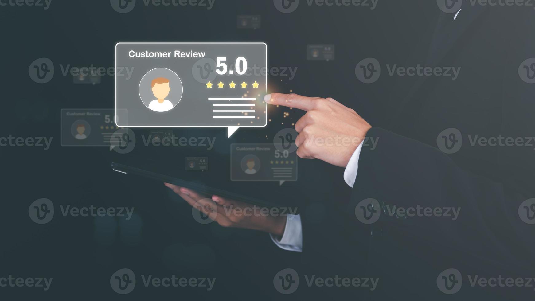 Customer service and satisfaction concept, businessman touching 5 stars icon showing happy and to provide service satisfaction, very impressive rating, evaluation and review. photo