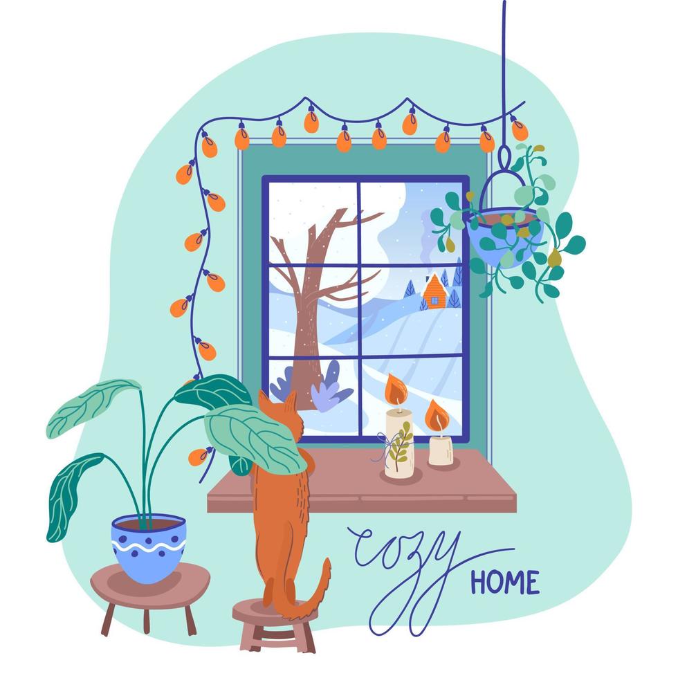 Winter window with rural view, cat, houseplants and candles on the sill. Cozy home concept, hygge time. Lifestyle vector illustration.